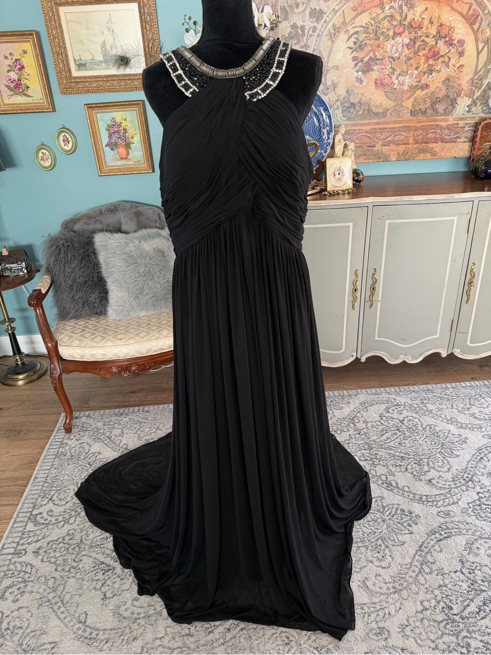 Terani Couture Black Halter Maxi Gown with Rhinestone & Beaded Collar